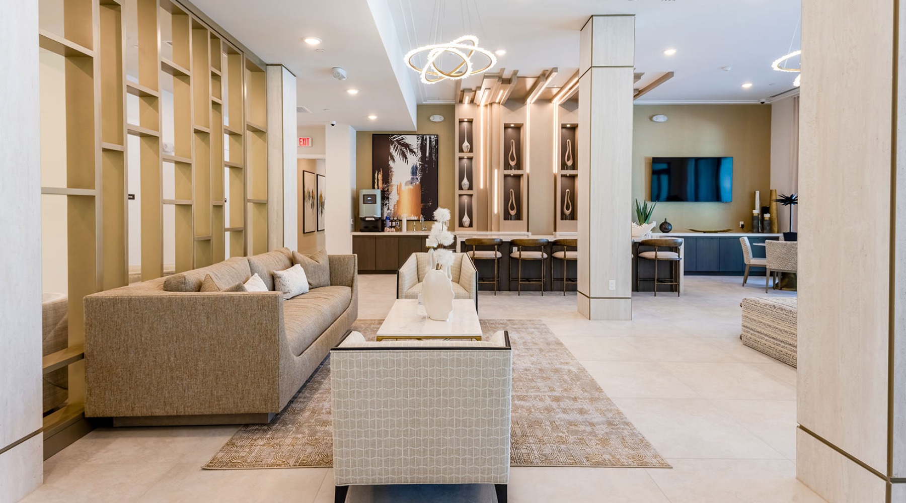 stylish lighting throughout clubhouse with kitchen