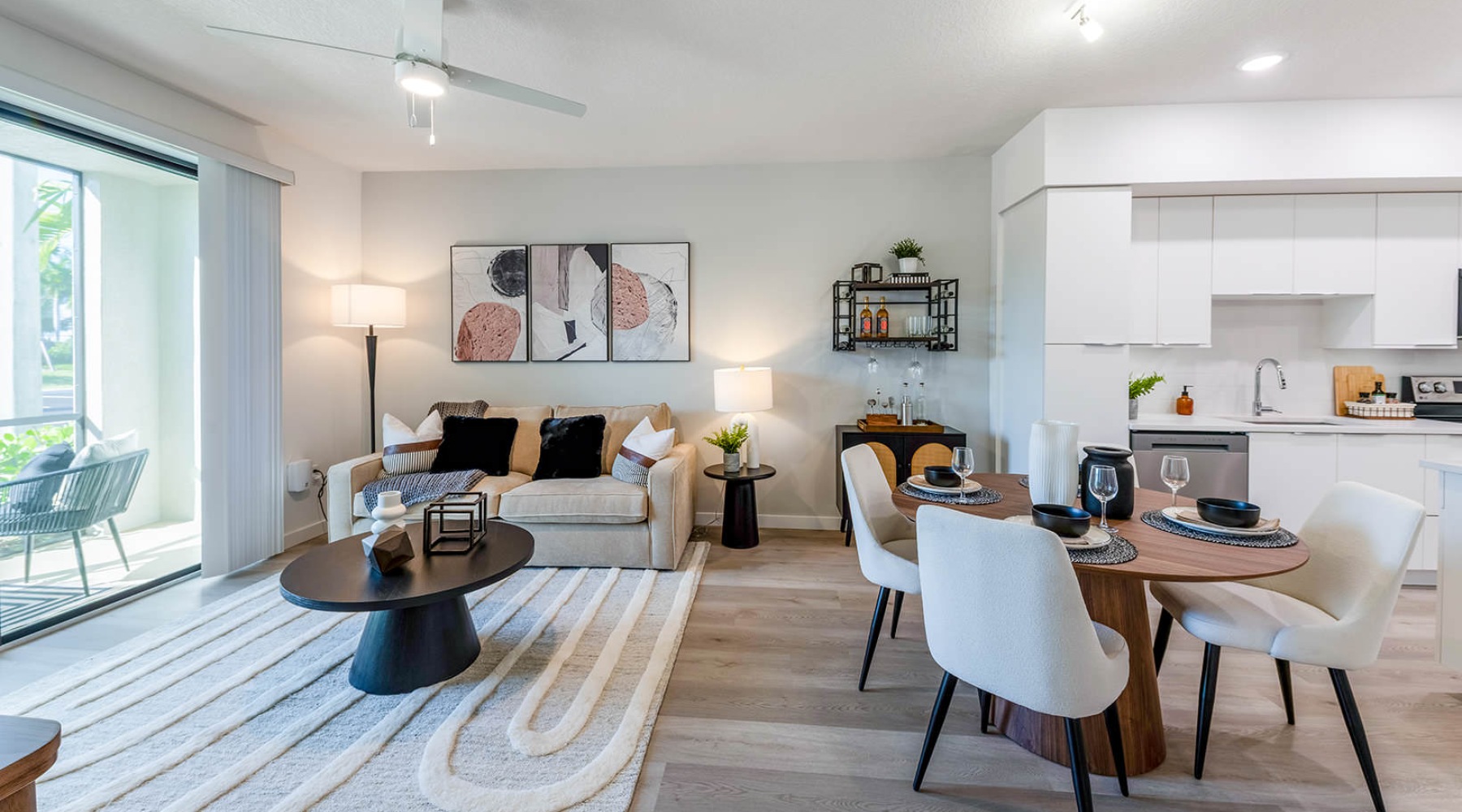 access to private patio in open concept living room