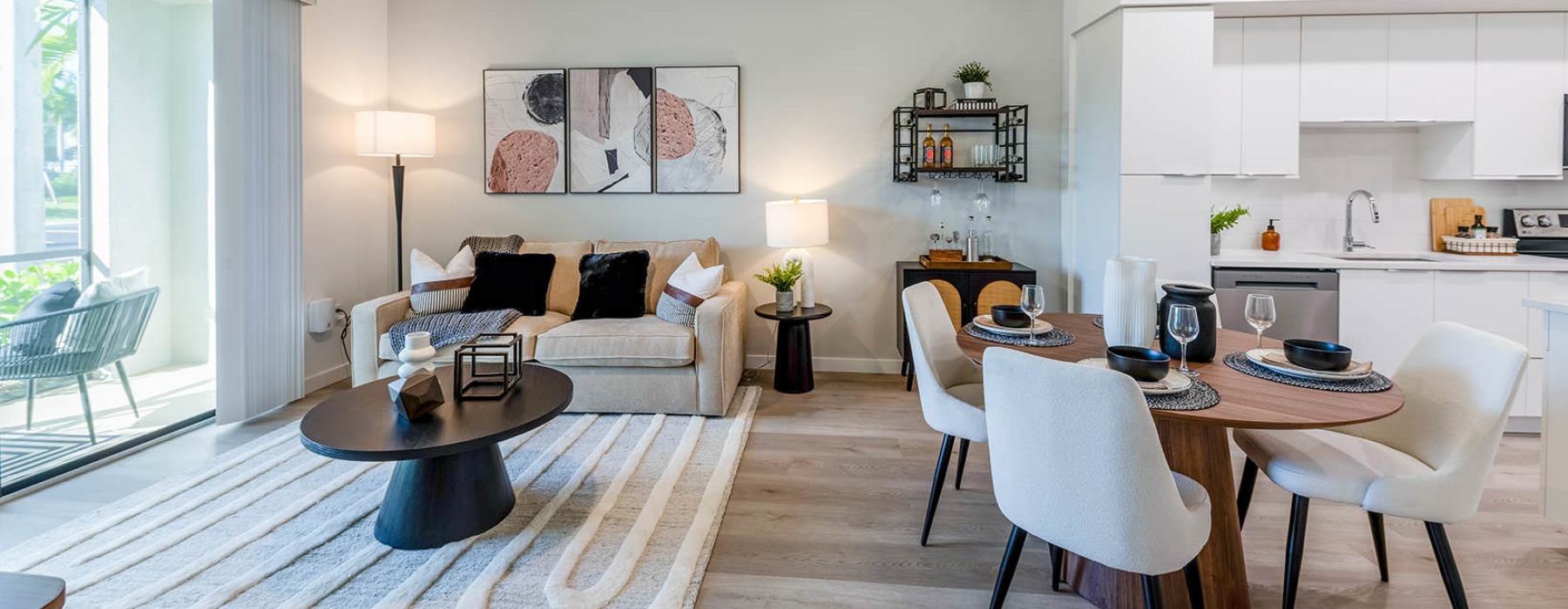 access to private patio in open concept living room